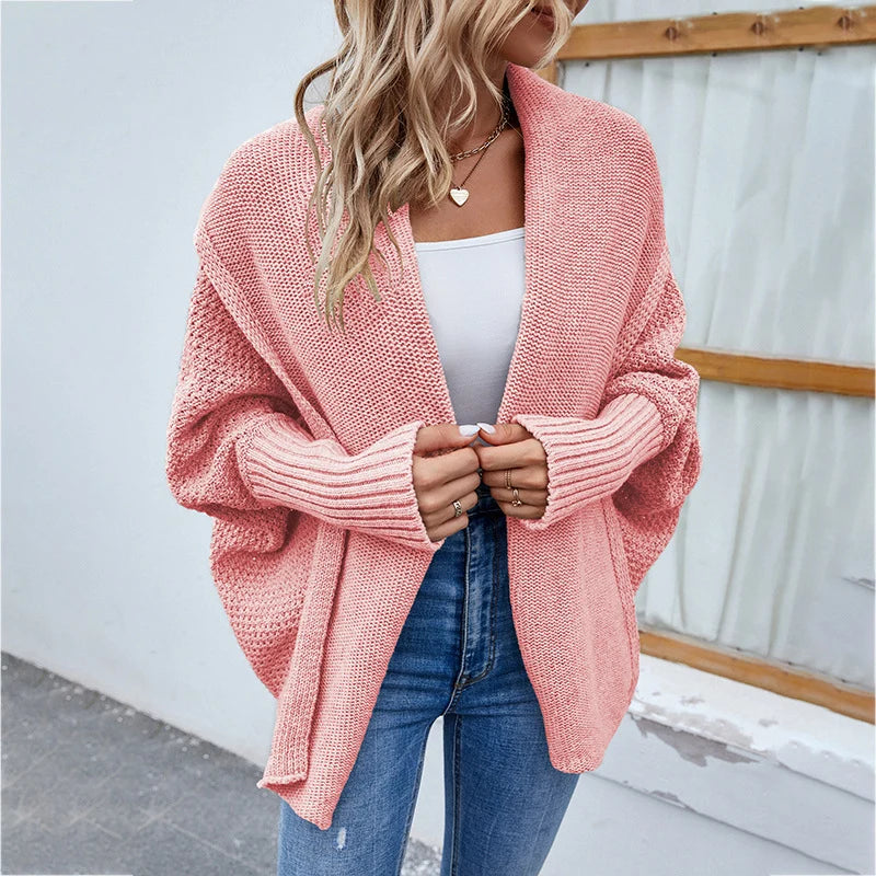 Knit Cardigan Loose Fit Batwing Sleeves Polyester Acrylic Blend