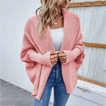 Knit Cardigan Loose Fit Batwing Sleeves Polyester Acrylic Blend