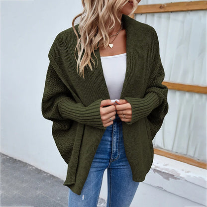 Knit Cardigan Loose Fit Batwing Sleeves Polyester Acrylic Blend