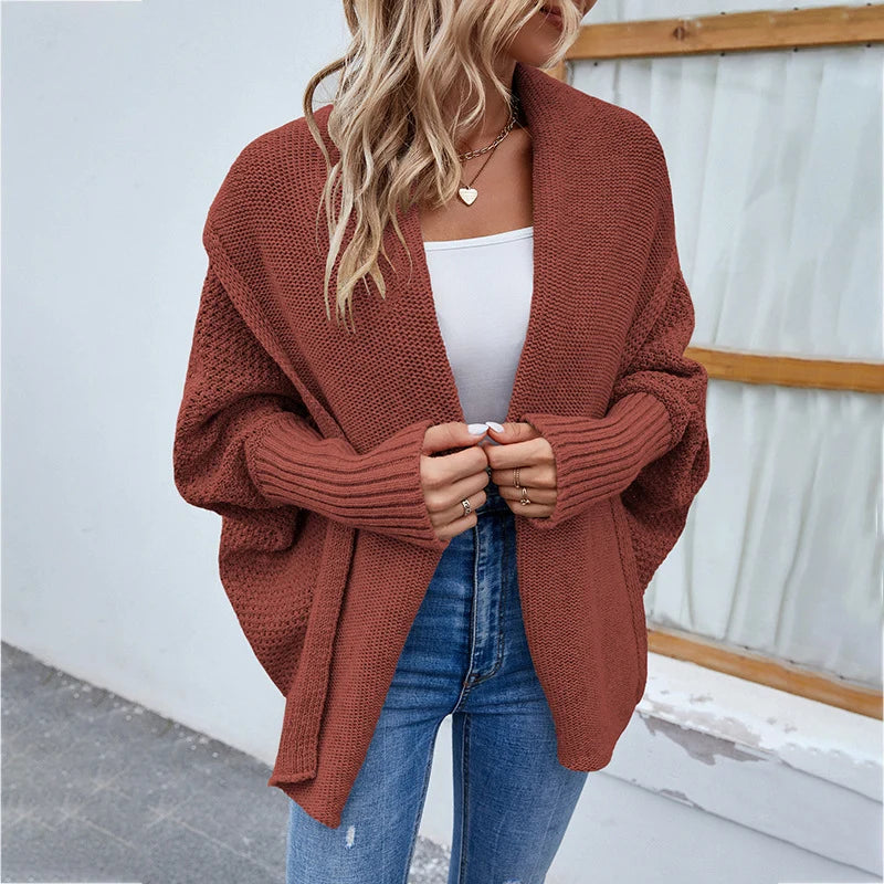 Knit Cardigan Loose Fit Batwing Sleeves Polyester Acrylic Blend