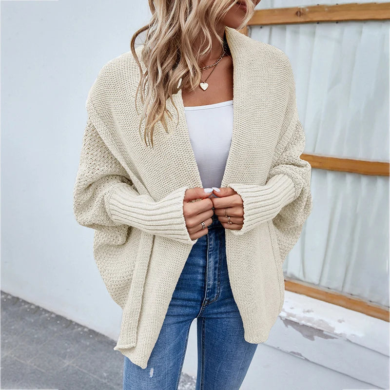 Knit Cardigan Loose Fit Batwing Sleeves Polyester Acrylic Blend