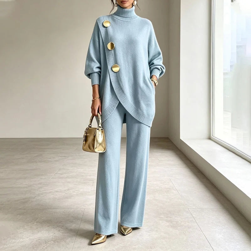 Knit Set Asymmetric Button Top Wide-Leg Pants