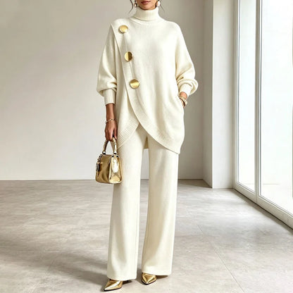 Knit Set Asymmetric Button Top Wide-Leg Pants