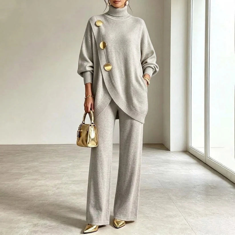 Knit Set Asymmetric Button Top Wide-Leg Pants