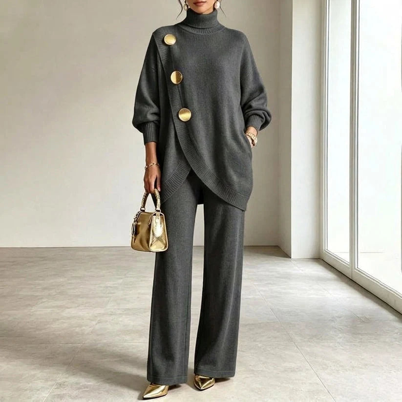 Knit Set Asymmetric Button Top Wide-Leg Pants