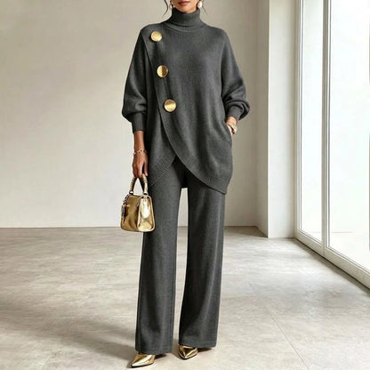 Knit Set Asymmetric Button Top Wide-Leg Pants