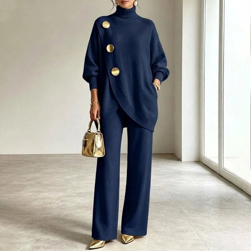 Knit Set Asymmetric Button Top Wide-Leg Pants
