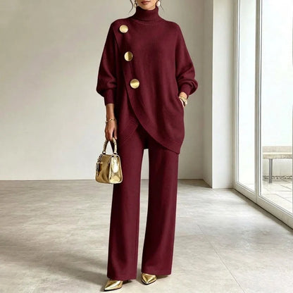 Knit Set Asymmetric Button Top Wide-Leg Pants