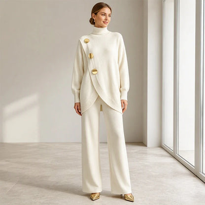 Knit Set Asymmetric Button Top Wide-Leg Pants