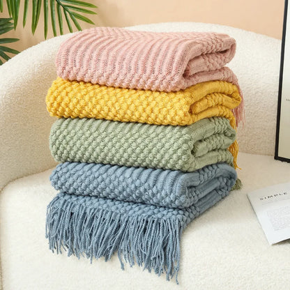 Knitted Throw Blanket Acrylic Lightweight with Fringe