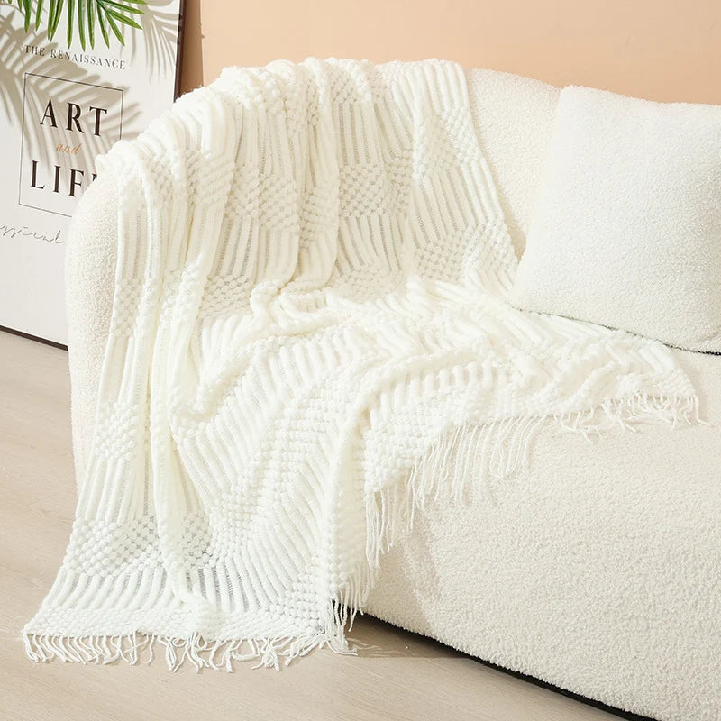 Knitted Throw Blanket Acrylic Lightweight with Fringe