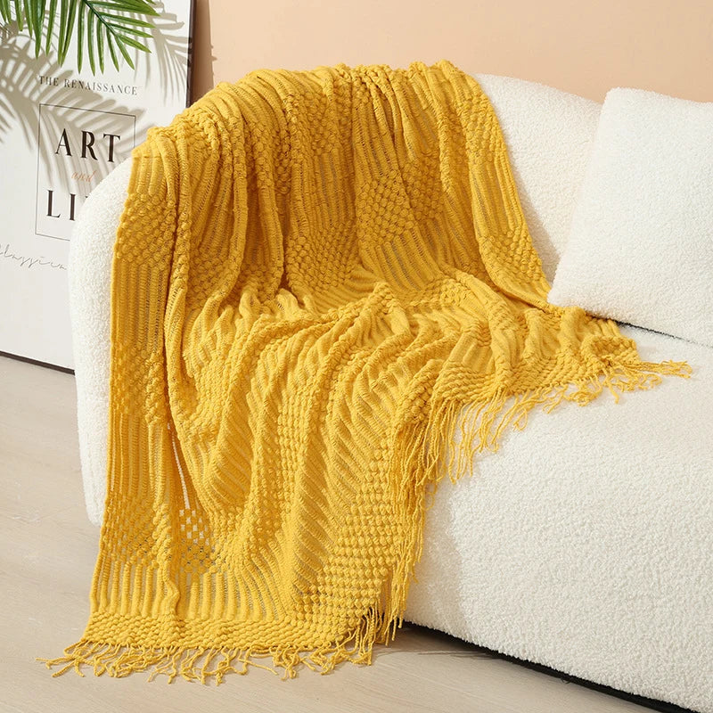 Knitted Throw Blanket Acrylic Lightweight with Fringe