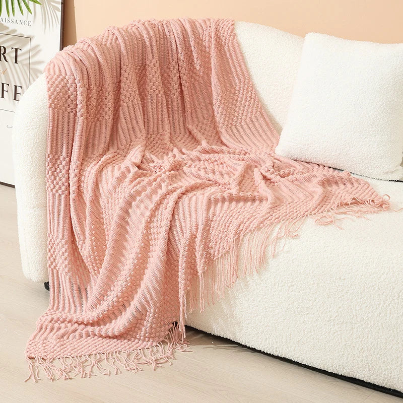 Knitted Throw Blanket Acrylic Lightweight with Fringe
