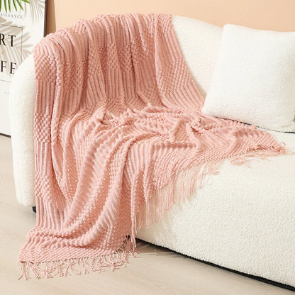 Knitted Throw Blanket Acrylic Lightweight with Fringe