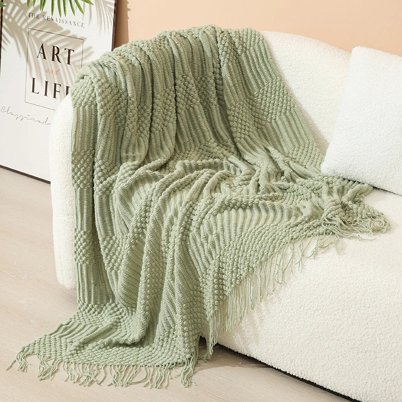Knitted Throw Blanket Acrylic Lightweight with Fringe
