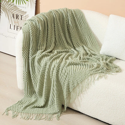 Knitted Throw Blanket Acrylic Lightweight with Fringe