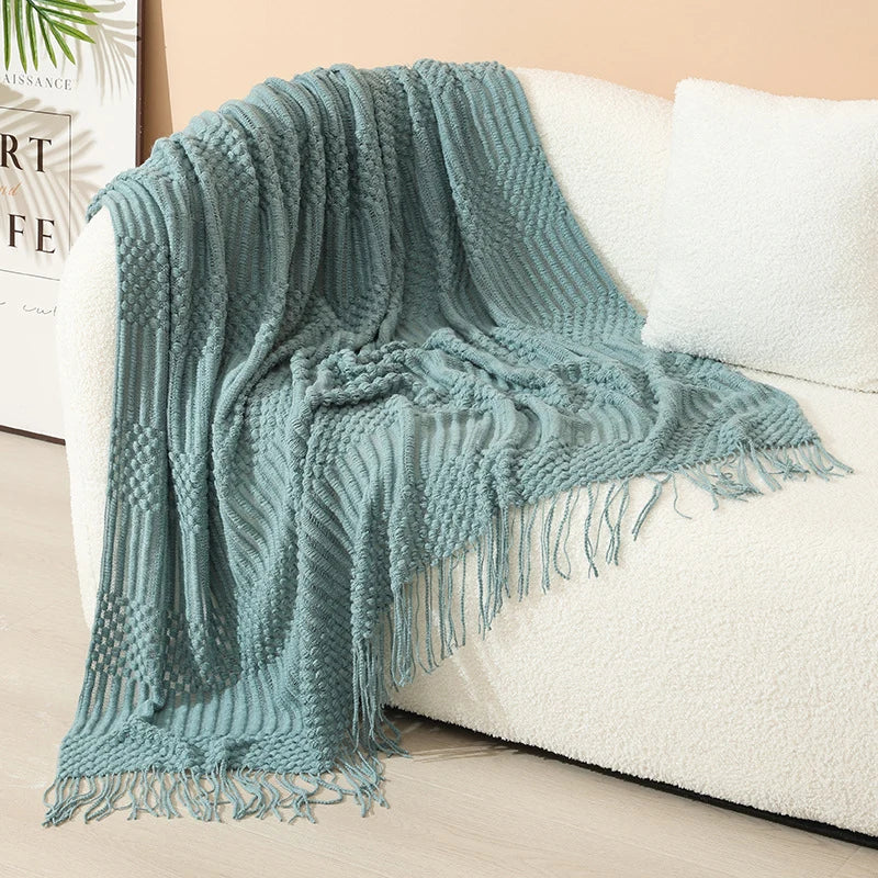 Knitted Throw Blanket Acrylic Lightweight with Fringe