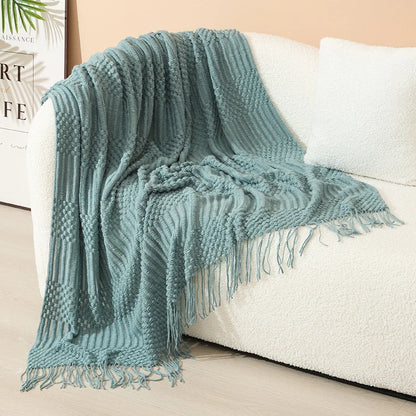 Knitted Throw Blanket Acrylic Lightweight with Fringe