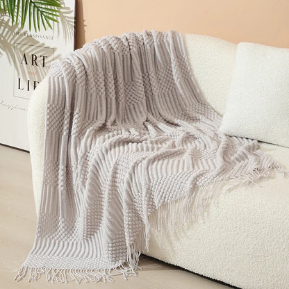 Knitted Throw Blanket Acrylic Lightweight with Fringe