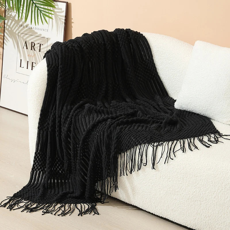 Knitted Throw Blanket Acrylic Lightweight with Fringe