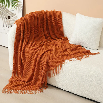 Knitted Throw Blanket Acrylic Lightweight with Fringe
