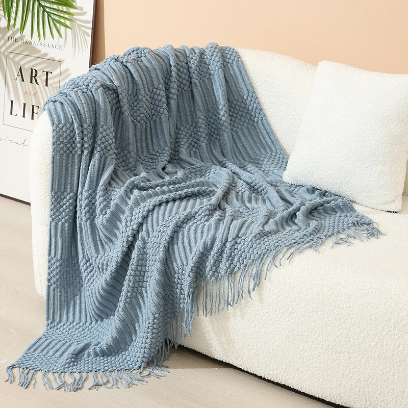 Knitted Throw Blanket Acrylic Lightweight with Fringe