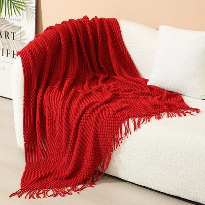 Knitted Throw Blanket Acrylic Lightweight with Fringe