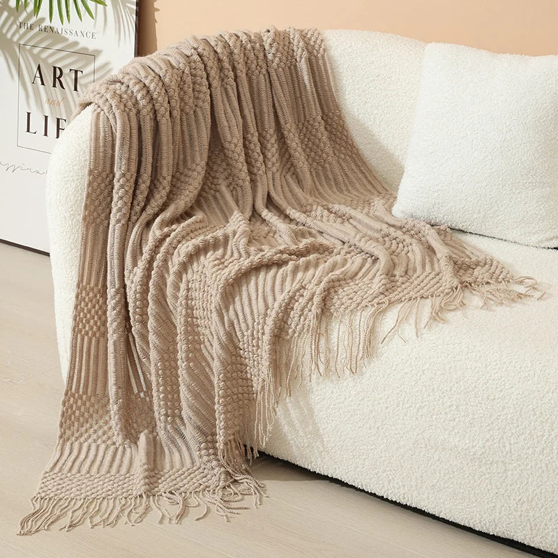 Knitted Throw Blanket Acrylic Lightweight with Fringe