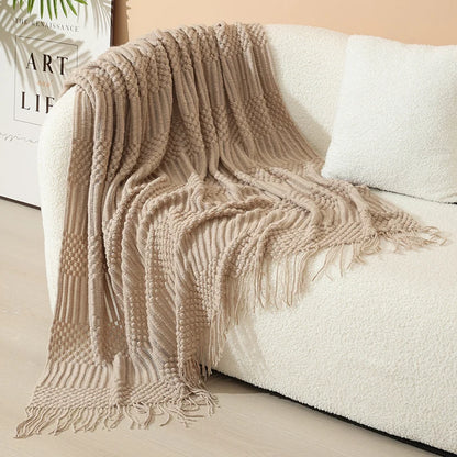 Knitted Throw Blanket Acrylic Lightweight with Fringe