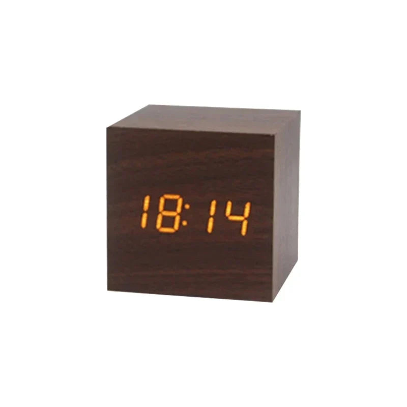LED Alarm Clock Wood Finish Sound-Activated Temperature Display