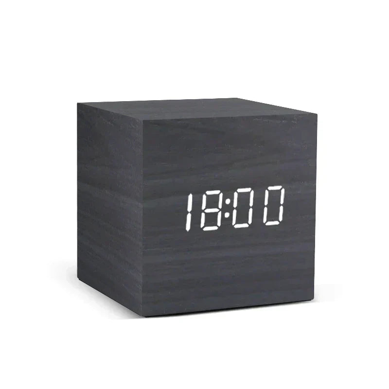 LED Alarm Clock Wood Finish Sound-Activated Temperature Display