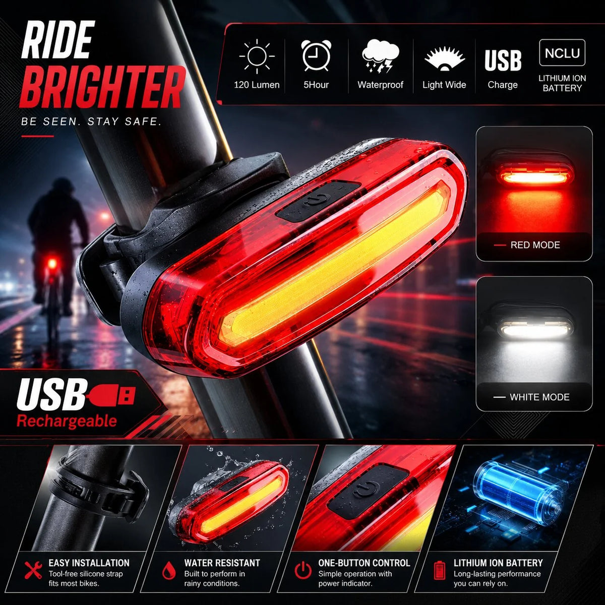 LED Bike Tail Light Wide Beam USB Rechargeable