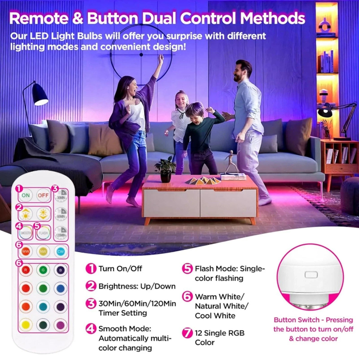 LED Bulb E27 Rechargeable Dimmable RGB Remote & Timer