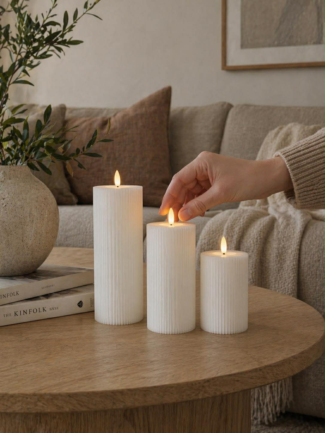 LED Candle Set Touch-Activated Ribbed Set of 3