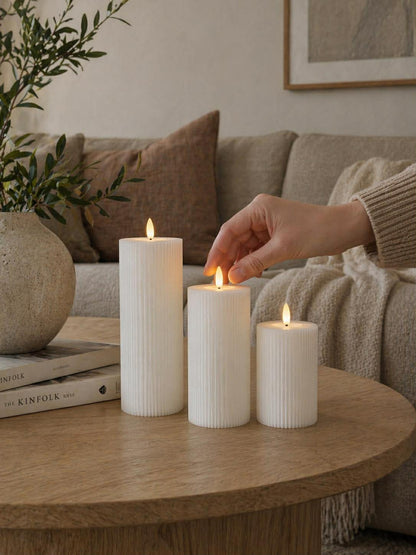 LED Candle Set Touch-Activated Ribbed Set of 3