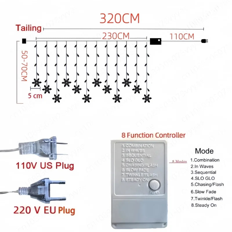 LED Curtain Lights Snowflake Design 8 Modes IP44