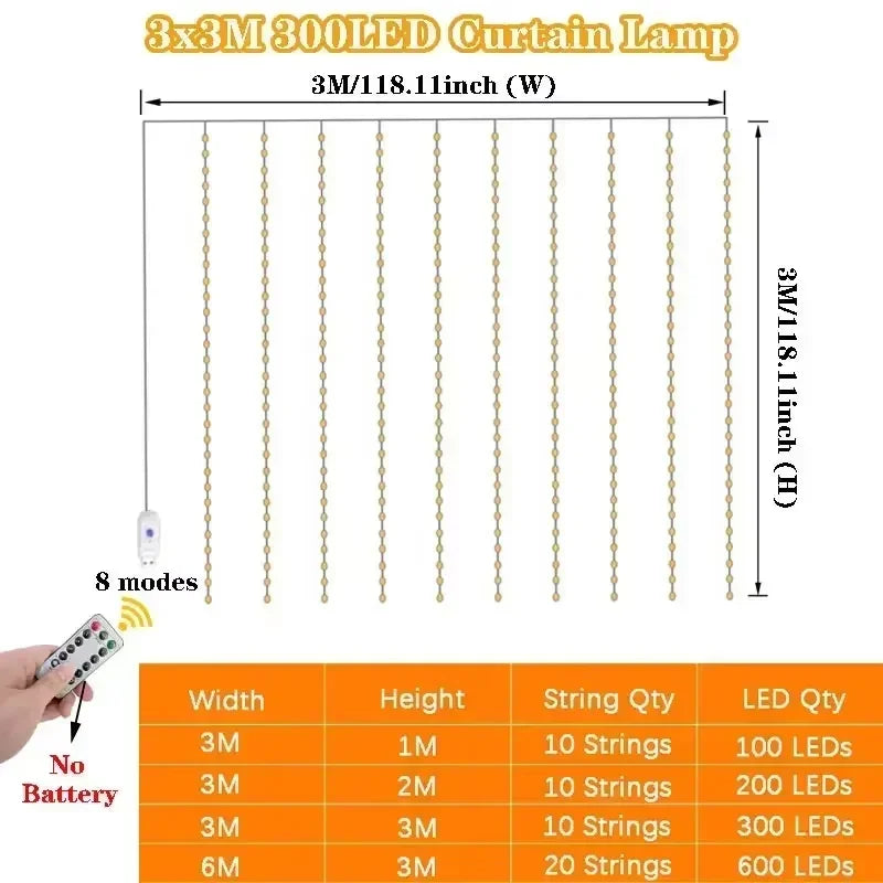 LED Curtain Lights USB Type-C Powered 8 Light Modes