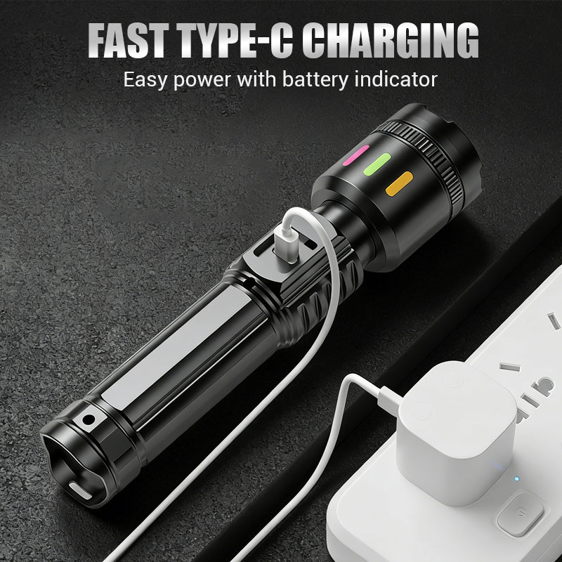 LED Flashlight Zoomable 600m Range USB-C Fast-Charging