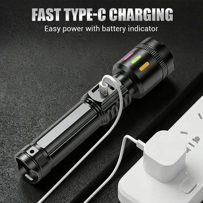 LED Flashlight Zoomable 600m Range USB-C Fast-Charging