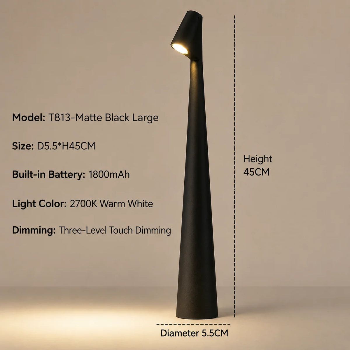 LED Table Lamp Touch-Dimmable Cordless Rechargeable Warm White Light