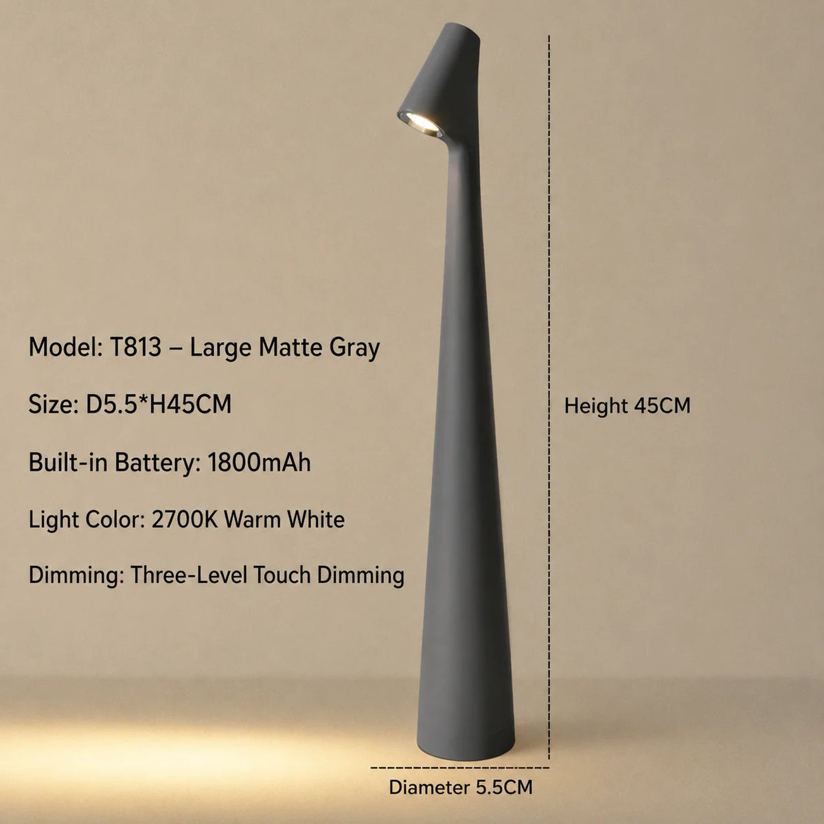LED Table Lamp Touch-Dimmable Cordless Rechargeable Warm White Light
