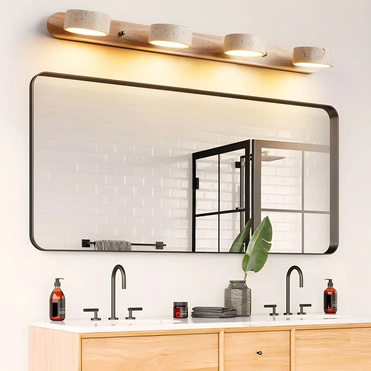 LED Wall Light Travertine Wood Integrated Dual LEDs Soft Ambient Glow