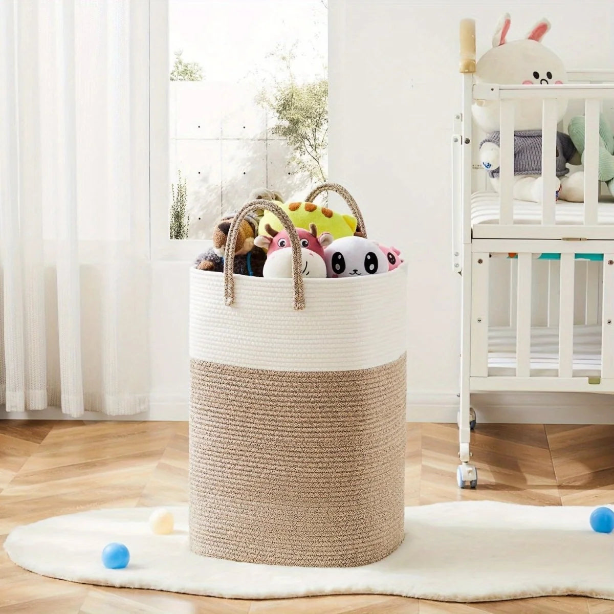 Laundry Basket Woven Cotton Foldable with Carry Handles