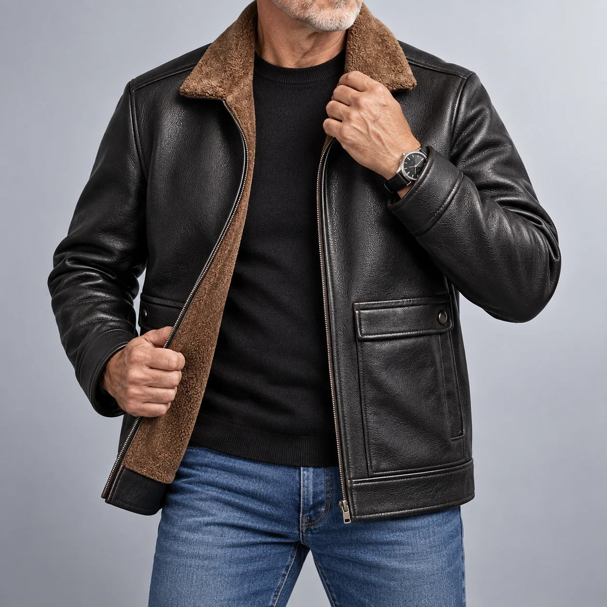 Leather Jacket Sherpa-Lined Insulating Warmth