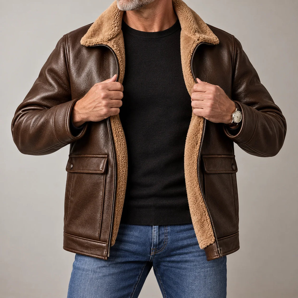 Leather Jacket Sherpa-Lined Insulating Warmth