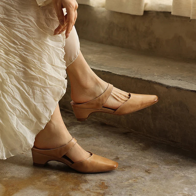 Leather Mules Square Toe Cushioned Insole Wedge Heel 2 Inch