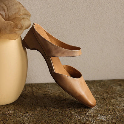 Leather Mules Square Toe Cushioned Insole Wedge Heel 2 Inch