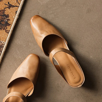 Leather Mules Square Toe Cushioned Insole Wedge Heel 2 Inch