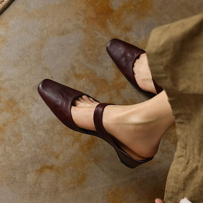 Leather Mules Square Toe Cushioned Insole Wedge Heel 2 Inch