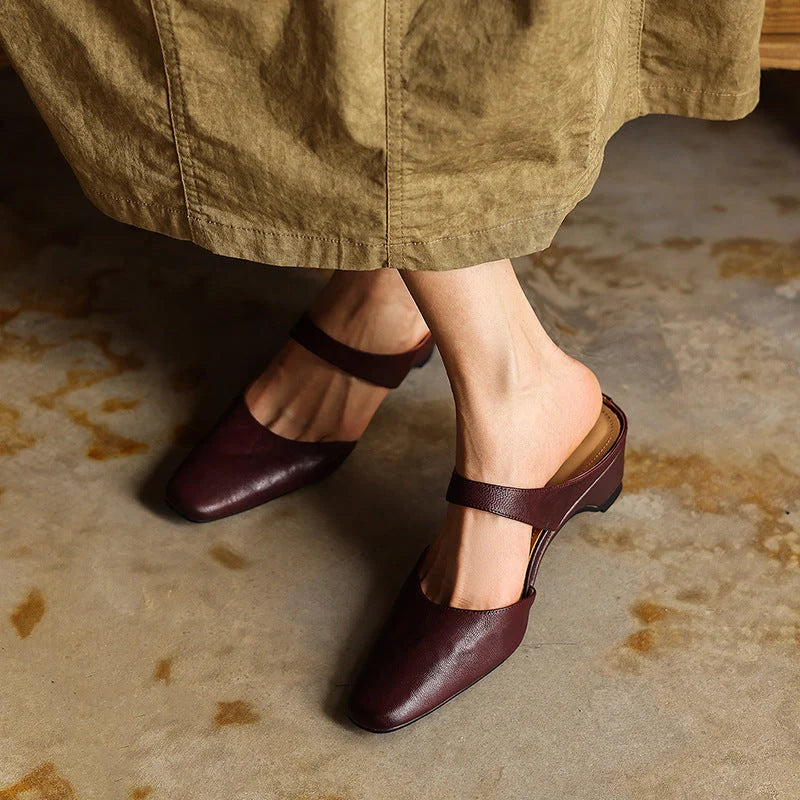 Leather Mules Square Toe Cushioned Insole Wedge Heel 2 Inch